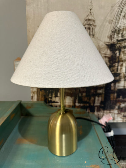 Small Brass Finish Metal Table Lamp With Linen Blend Shade