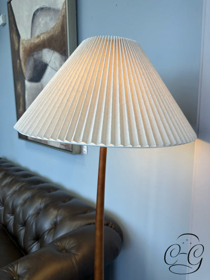 Solid Rubberwood Walnut Stained Floor Lamp W/Cream Pleated Linen Shade