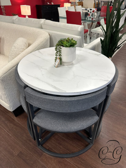 Space Saving Table Set For 4 Marble Veneer Top Grey Fabric Tuck In Chairs Dining And