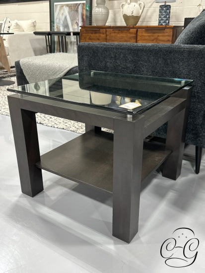 Square Dark Brown Wood End Table With Glass Top