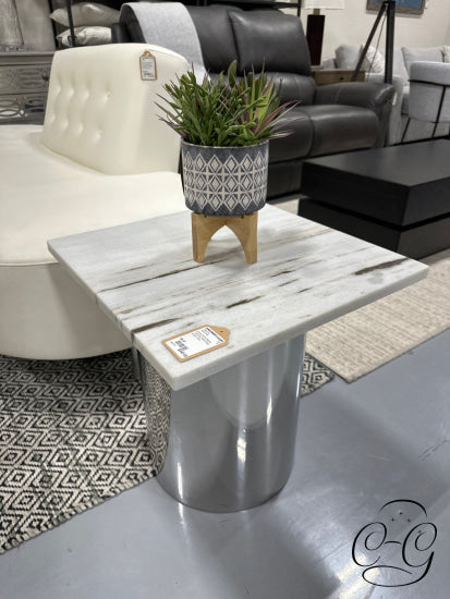 Square White Marble Top Silver Metal Base Accent Table