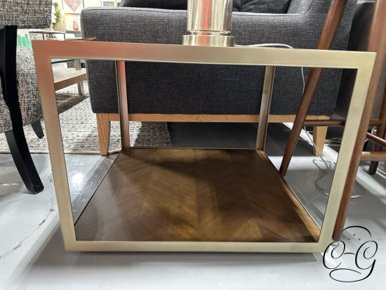 Sunpan Square End Table With Brushed Metal Frame Wood Top/Shelf