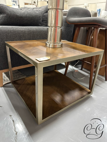 Sunpan Square End Table With Brushed Metal Frame Wood Top/Shelf