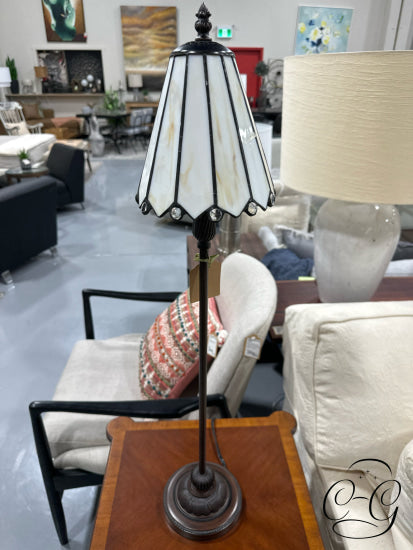 Tall Candlestick Table Lamp With White Stained Glass Shade