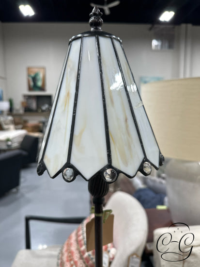 Tall Candlestick Table Lamp With White Stained Glass Shade