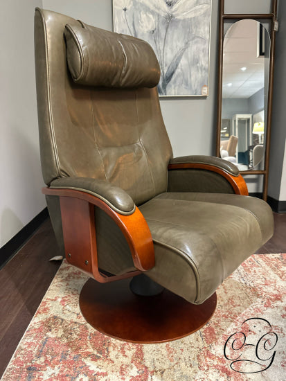 Taupe Leather Swivel Recliner Chair With Ottoman Mahogany Finish Detailing