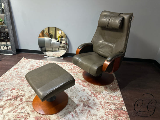 Taupe Leather Swivel Recliner Chair With Ottoman Mahogany Finish Detailing