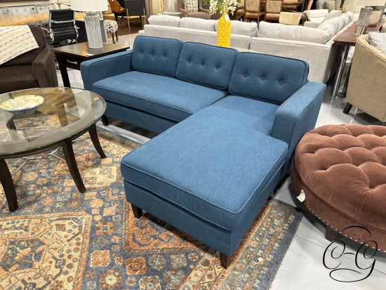 Teal Blue Reversible Chaise Sectional With Bench Seat Tufted Back Cushions