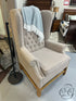 Tufted Taupe Fabric Wingback Chair With Light Wood Base Nailhead Detailing 32x31x45’’ Chair