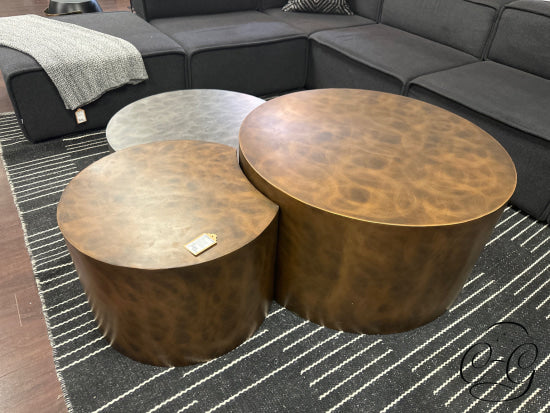 Unique Coffee Table Set/3 Round Metal Brass/Nickel Finish Staggered Heights