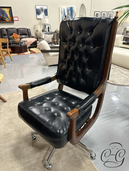 Vintage Teak 4 Piece Roll Top Desk W/Multiple Drawers Black Vinyl Tufted Chair With