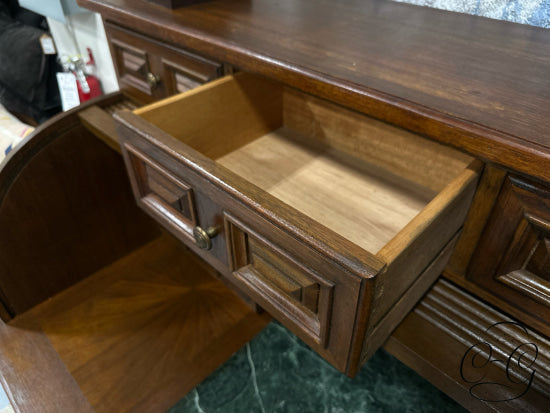 Vintage Teak 4 Piece Roll Top Desk W/Multiple Drawers Black Vinyl Tufted Chair With