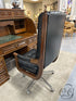 Vintage Teak 4 Piece Roll Top Desk W/Multiple Drawers Black Vinyl Tufted Chair With