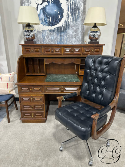 Vintage Teak 4 Piece Roll Top Desk W/Multiple Drawers Black Vinyl Tufted Chair With