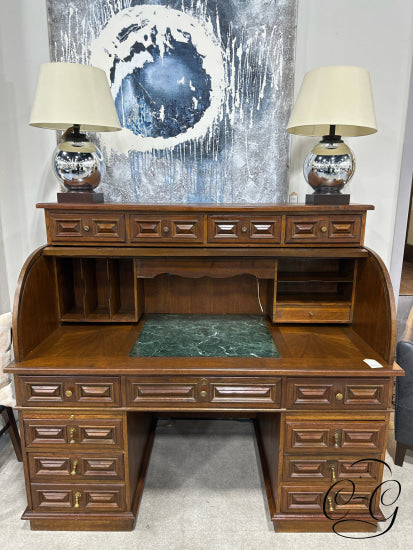 Vintage Teak 4 Piece Roll Top Desk W/Multiple Drawers Black Vinyl Tufted Chair With