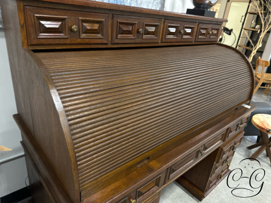 Vintage Teak 4 Piece Roll Top Desk W/Multiple Drawers Black Vinyl Tufted Chair With