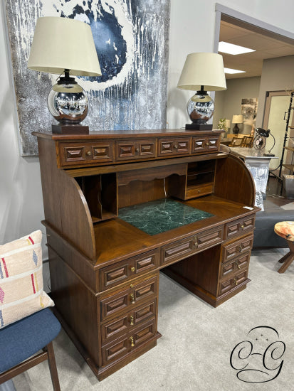 Vintage Teak 4 Piece Roll Top Desk W/Multiple Drawers Black Vinyl Tufted Chair With