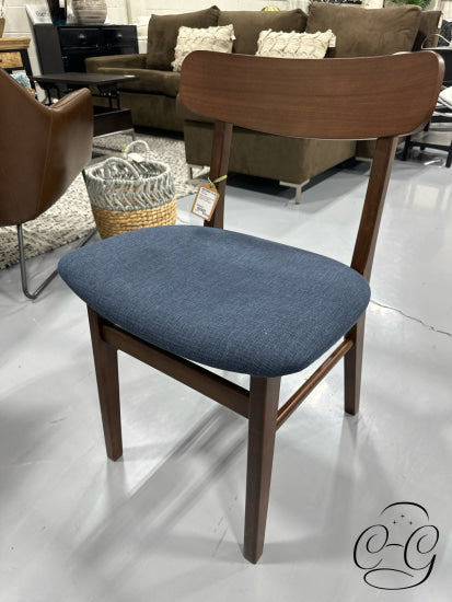 Walnut Dining Chair With Navy Blue Fabric Slightly Curved Back