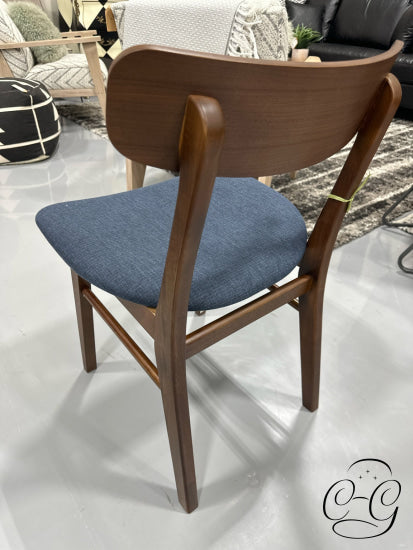 Walnut Dining Chair With Navy Blue Fabric Slightly Curved Back