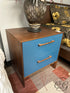 Walnut Finish Nightstand With 2 Soft Close Drawers Blue Drawer Fronts Night-Table