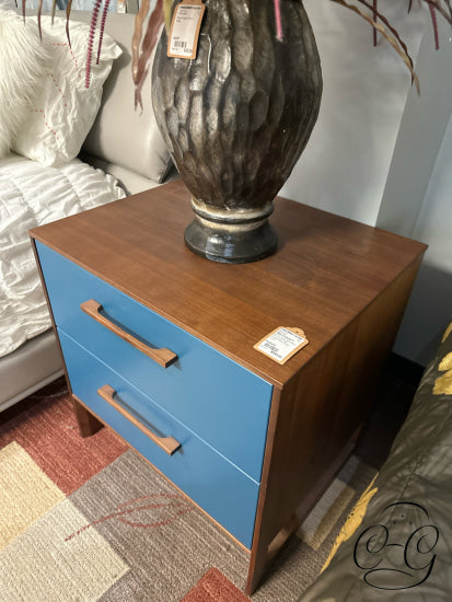 Walnut Finish Nightstand With 2 Soft Close Drawers Blue Drawer Fronts Night-Table