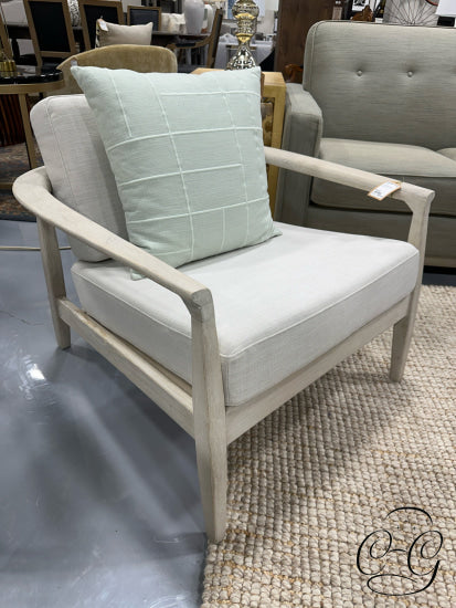 Washed White Wood Framed Arm Chair With Cream Cushions