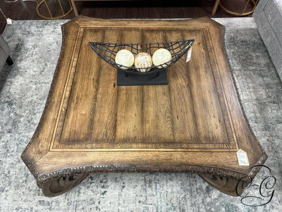 Weathered Dk Finish Ornate Square Coffee Table With Large Scrolled Legs