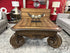 Weathered Dk Finish Ornate Square Coffee Table With Large Scrolled Legs