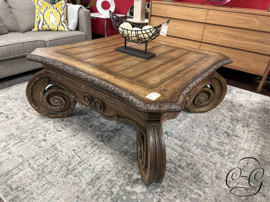 Weathered Dk Finish Ornate Square Coffee Table With Large Scrolled Legs