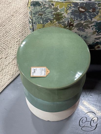 West Elm Round Ceramic Accent Stool/Table Green Aqua White Home Decor