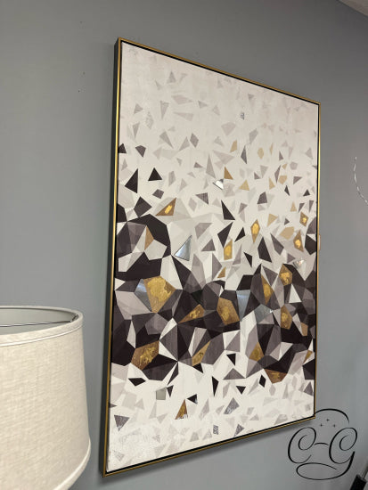 White Background Gold Silver Black Embellished Triangle Design Abstract Art 48x32’’ Picture