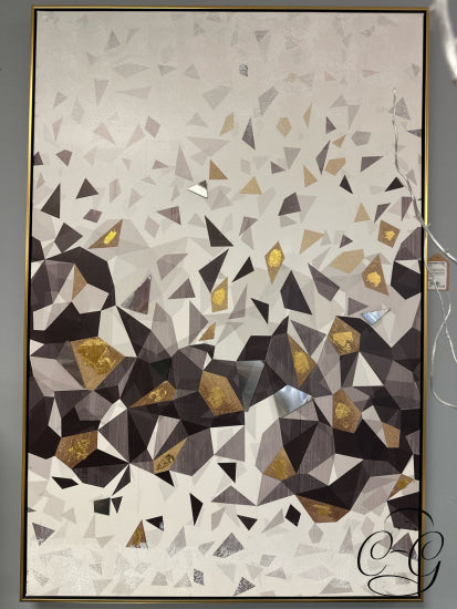 White Background Gold Silver Black Embellished Triangle Design Abstract Art 48x32’’ Picture