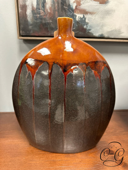 Wide Amber Ceramic Vase With Sparkle Grey Detailing