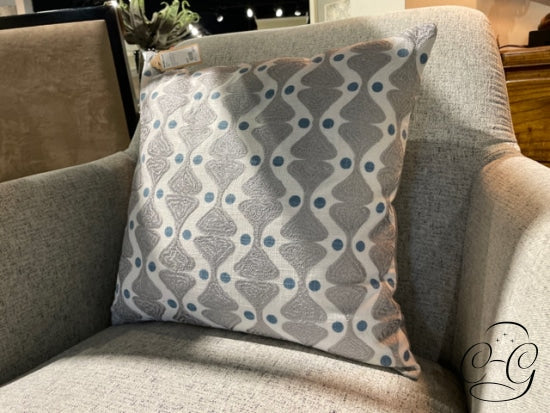 Square Grey/white Toss Pillow With Blue Polka Dots